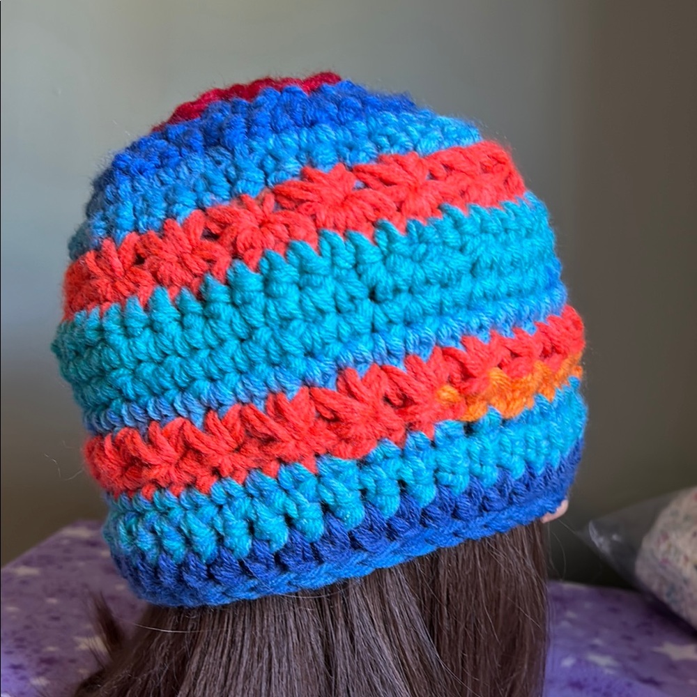 Handmade Colorful Crochet Beanie with heart Accent medium acrylic soft - Picture 5 of 11
